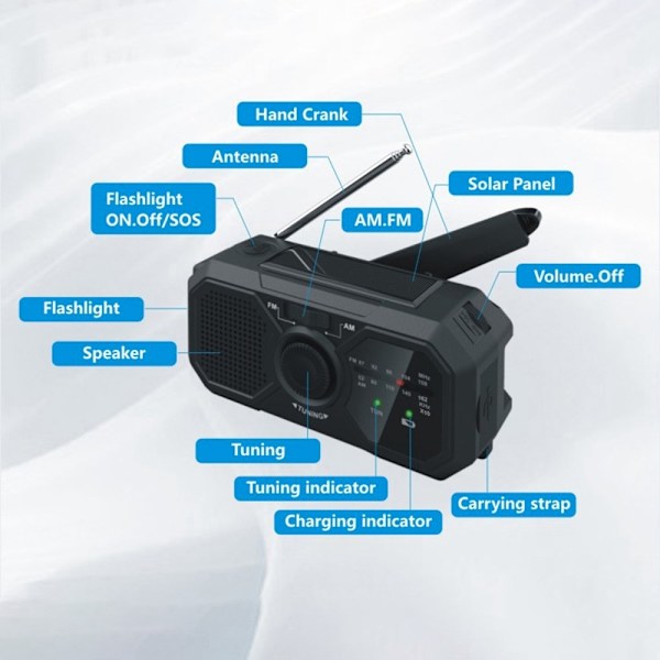 Väder AM / FM Radio Solar Handvev 1200mAh PowerBank ficklampa Svart