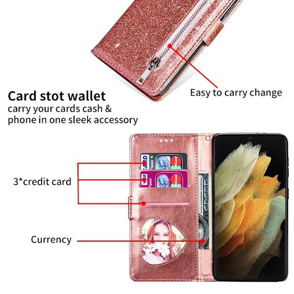 För Samsung Galaxy S25 Ultra Ställbart Glitterfodral med Dragkedjeficka Rosa guld