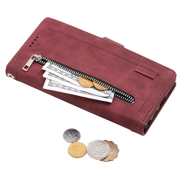 Til Samsung Galaxy S25 Edge Etui med Lynlåslomme og 9 Kortlommer Red