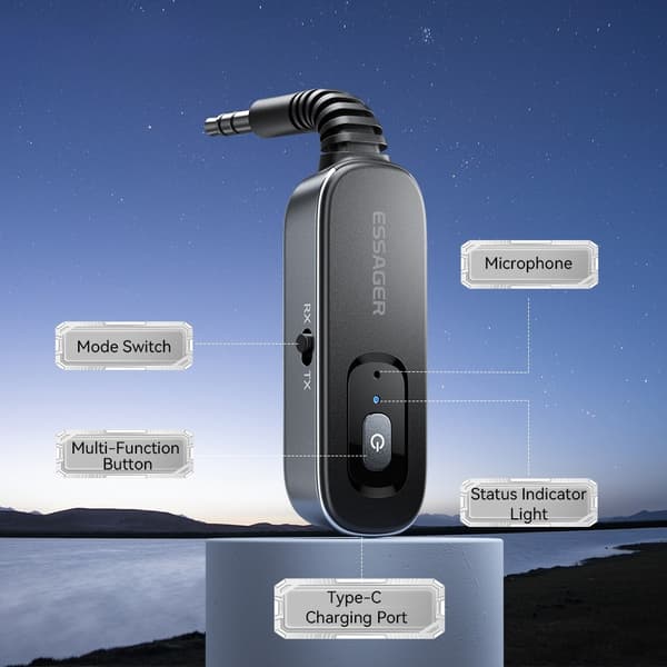 Bilstereo Bluetooth-sender og -mottaker 3,5 mm Aux-adapter for høyttalerforsterker Black