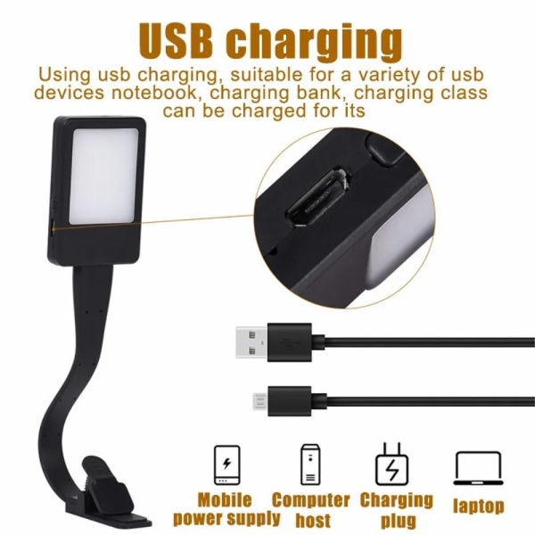 Genopladeligt læselys læselampe Clip On LED Book Light - Sort Black