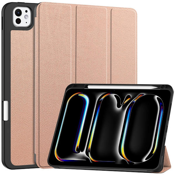 Etui for iPad Pro 11 (2024) med Tri-fold Stativ, Tablettdeksel med Penneholder Pink gold