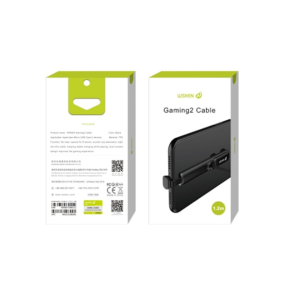 WSKEN Gaming 2 Typ - C USB - C Laddning data synkkabel 1.2m sugpropp Svart