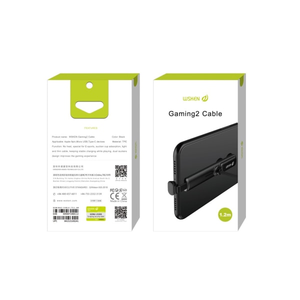 WSKEN Gaming 2 Type-C USB-C ladedatasynkroniseringskabel 1,2 m sugeplugg Black