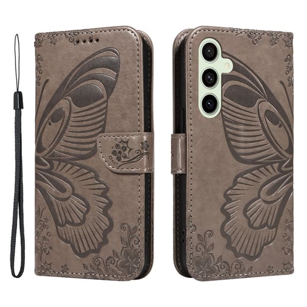 Til Samsung Galaxy S24 FE Etui Stand Tegnebog Etui Sommerfuglemønster Grey