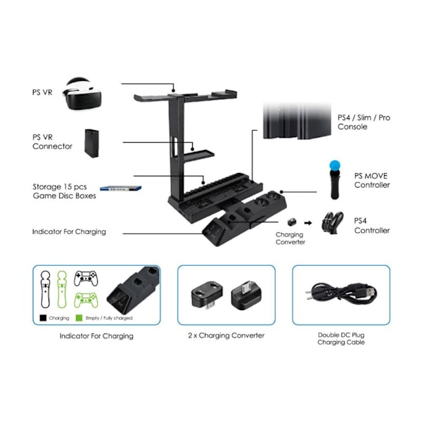 Sony Playstation 4 Slim Pro VR Charging stand Laddningsställ Hållare Stativ Kylfläkt Svart