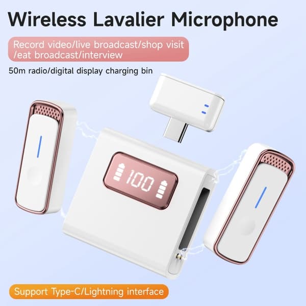 2 Mikrofoner USB-C Trådløs Lavalier Støjreducerende Opladningsetui Hvid+Sort White