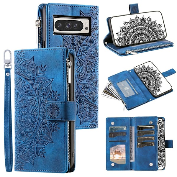 For Google Pixel 10 Pro XL  Lommebok Deksel Shell Mandala Blomstermønster Blue
