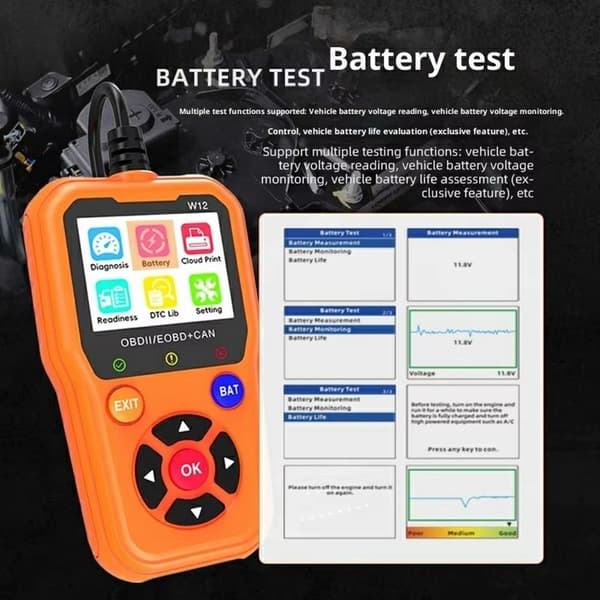 OBD2/EOBD+CAN-feilkodeleser – Diagnose og batteritest – Over 35 000 feilkoder (DTC) Black
