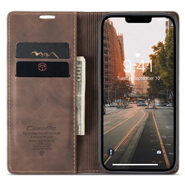CASEME Retro Lommebok Etui for iPhone 14 Pro - Mørk Brun Brown