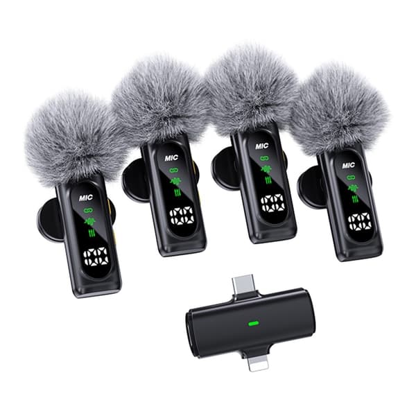 4-i-1 mikrofon med lavalier, OLED, ANC, støydemping, 4 mikrofoner + 1 mottaker Black