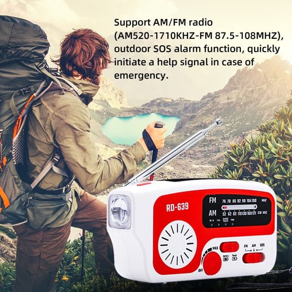 AM/FM nødradio Håndsving lommelygte SOS solcelle PowerBank USB White