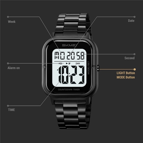 SKMEI Vandtæt Digitalt Armbåndsur Ur Belysning Stopur - Sort + Sort + Stål Black