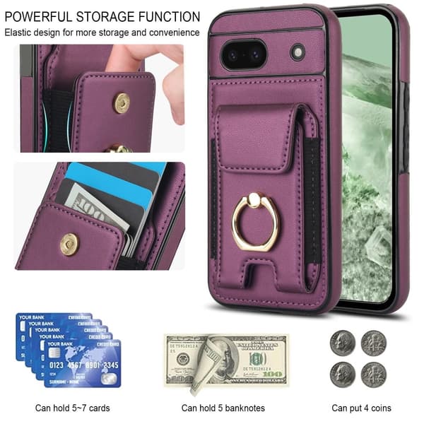 For Google Pixel 8a Kickstand Case Phone Cover with Card Slots Purple
