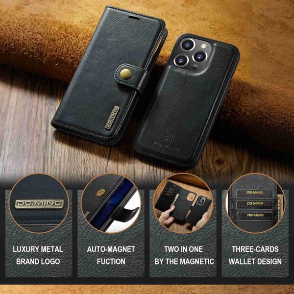 iPhone 14 Pro DG.MING Irrotettava 2 - in - 1 - lompakkokuori Black