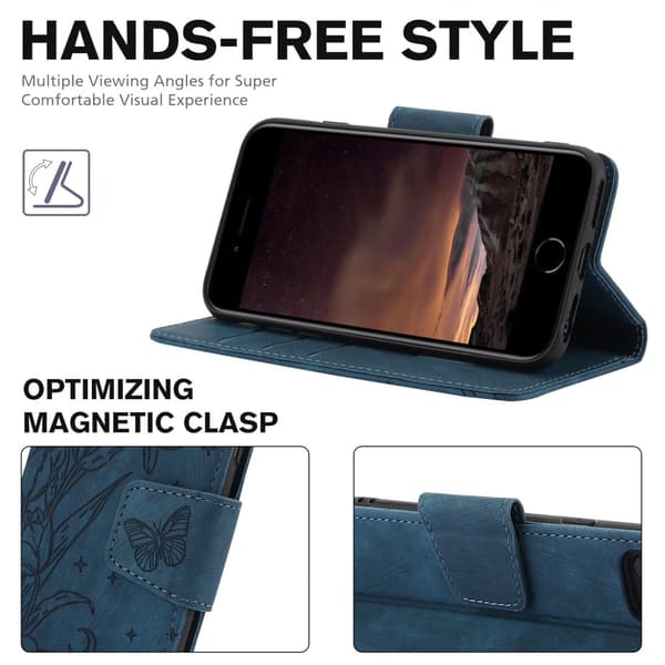 For iPhone 17e / 16e Etui Sommerfugl Blomst Ripebestandig Telefondeksel Blue