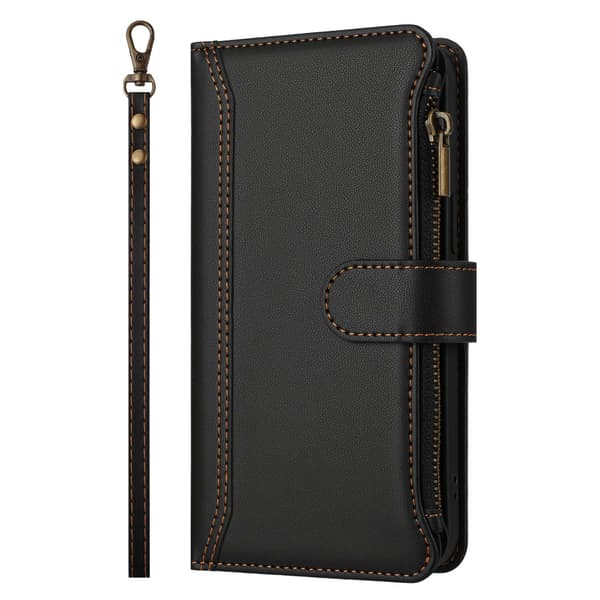 Til Sony Xperia 10 VII Etui med 9 kortpladser, lynlåspung og stativ - Sort Black