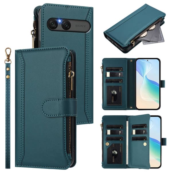 Til Sony Xperia 10 VII Etui med 9 kortpladser, lynlåspung og stativ Green