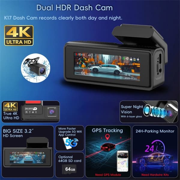 Dobbelt 4K Dash Cam-kamera HDR Nattsyn ADAS GPS Parkeringsovervåking DVR Black