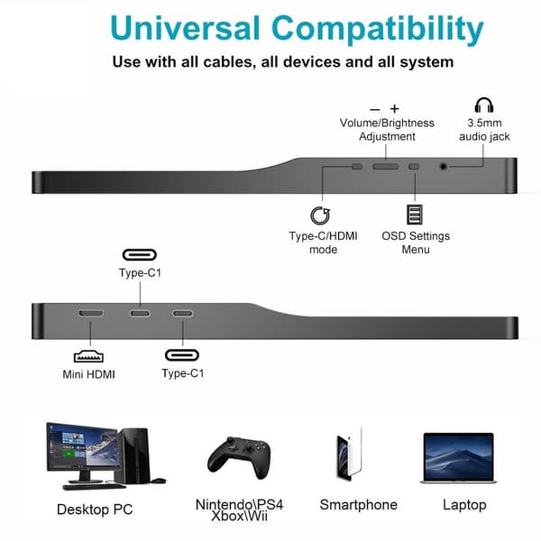 15,6 tommer bærbar skærm IPS 1920x1080 dobbelt USB-C Full HD-skærm Black