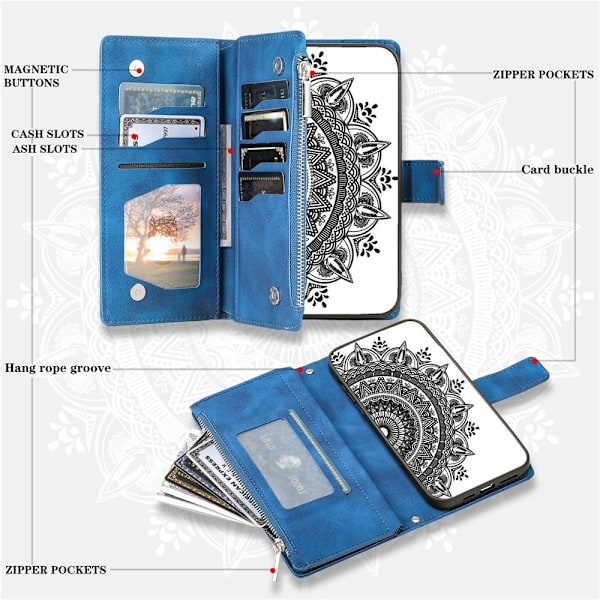Til Google Pixel 10 Pro / 10 / 9 Pro / 9 tegnebogscover Cover Shell Mandala Blomstermønster Blue