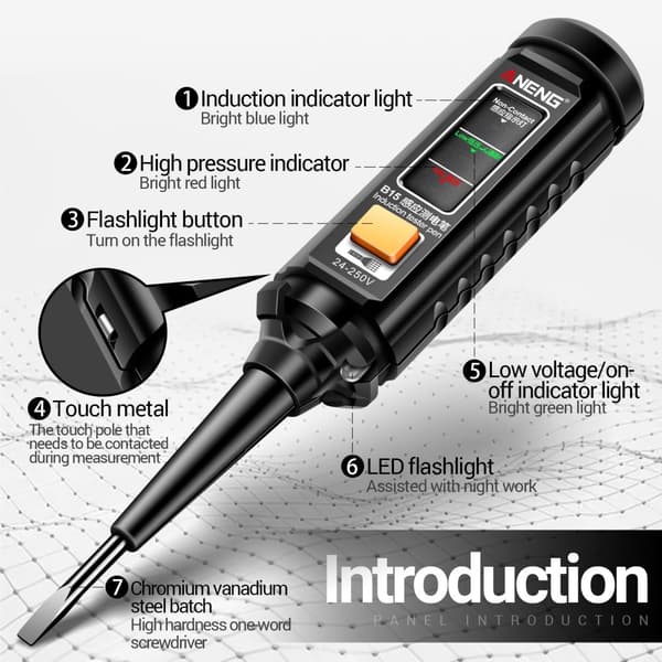 Spændingsdetektor voltmeter voltmeter Lommelygte AC DC Black