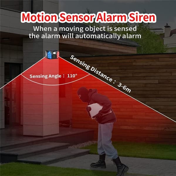 Solcell Rörelsesensor Larm IP65 Vattentät Röd Blå LED Avskräckning Anordning Svart