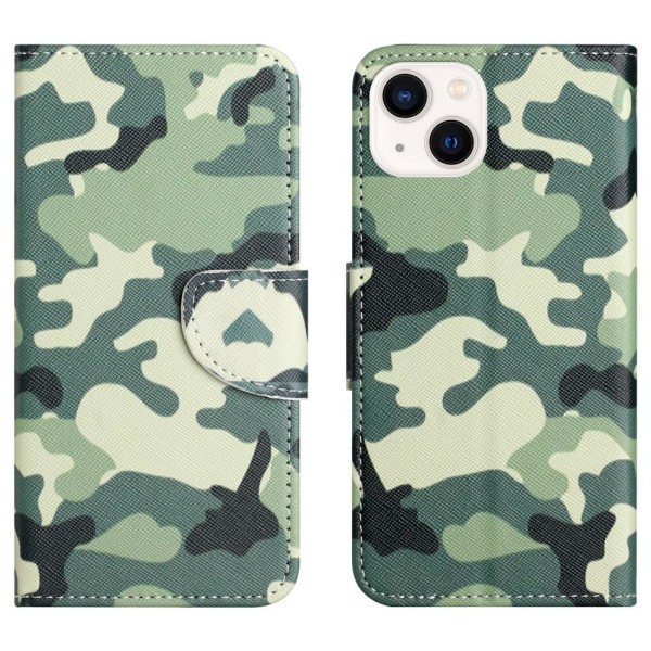 Til iPhone 15 tegnebogstativetui mønstertelefoncover - Camouflag Green