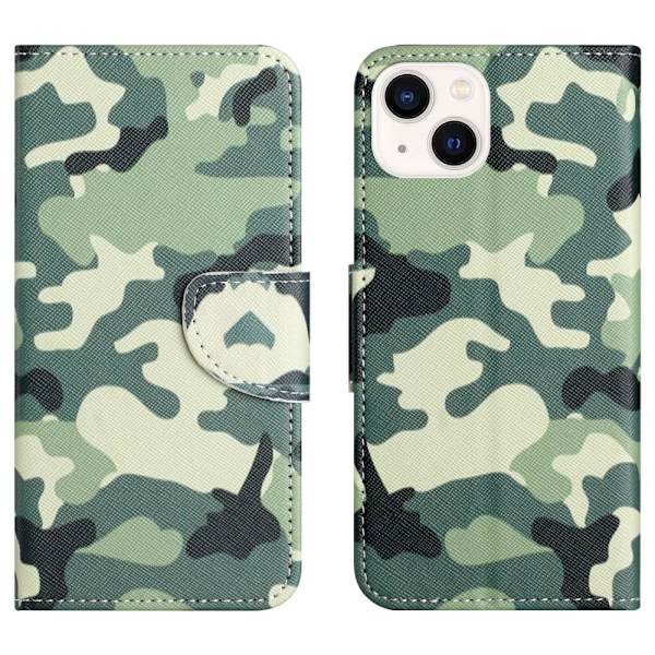 Til iPhone 15 tegnebogstativetui mønstertelefoncover - Camouflage Green
