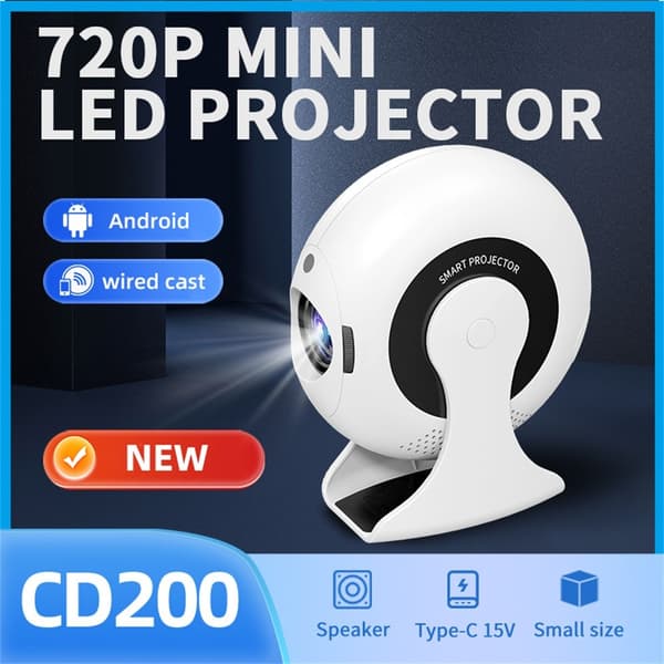 CD200 Projektor 1GB+8GB Android 11.0 Hjemmebiograf 270 graders rotation LCD White