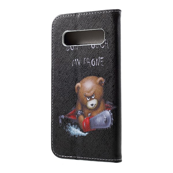 Ristikuvioitu Kuviollinen Lompakkokotelo Samsung Galaxy S10 - Angry Bear ja varoitussanat Black