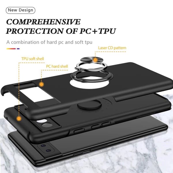 Hybrid-etui med fingerreim og kickstand for Google Pixel 6A - Svart Black