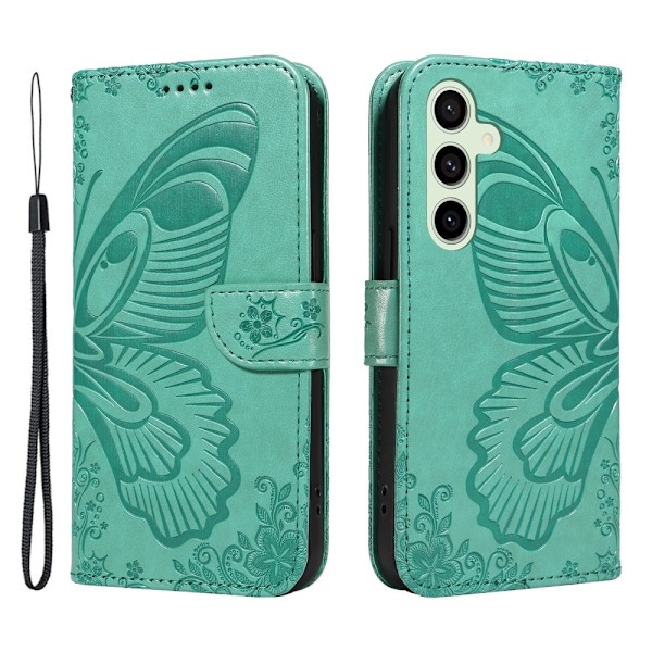 Til Samsung Galaxy S24 FE Etui Stand Tegnebog Etui Sommerfuglemønster Green