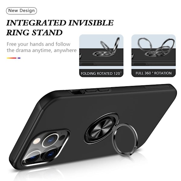 Til iPhone 15 Pro Finger Ring Kickstand Hybrid Taske - Sort Black
