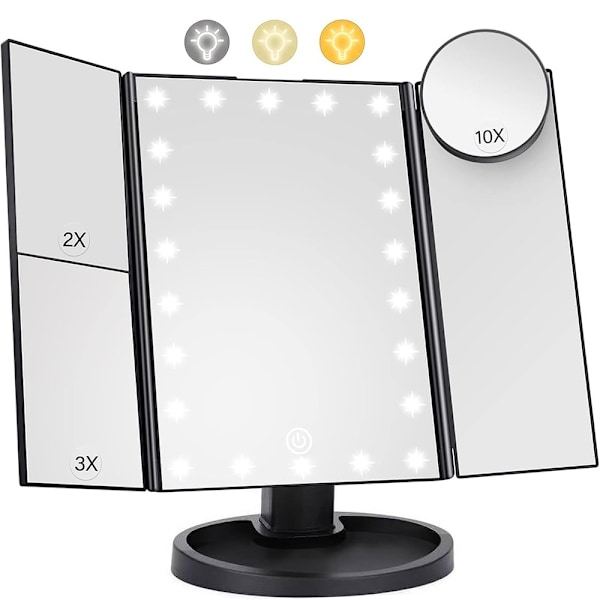 3-sidet sammenfoldelig makeup spejl, der kan dæmpes lys 22LED bordspejl - sort Black