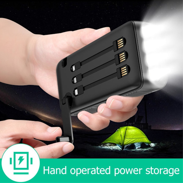 Håndsveiv 30000mAh Sol PowerBank Lightning/USB-C/Micro kabel Orange