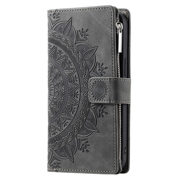 For iPhone 16e  Lommebok Deksel Shell Mandala Blomstermønster Grey