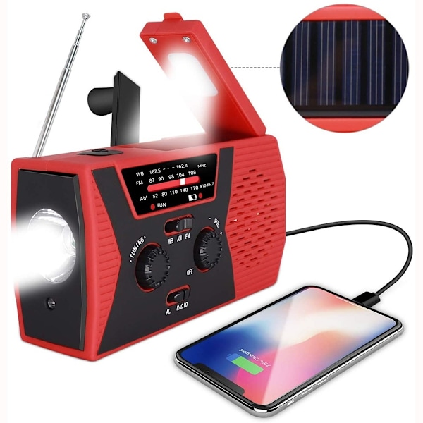 Solenergi vädersändning NOAA/AM/FM-radio med handvev Hörlursuttag Läslampa 2000mAh Power Bank Röd