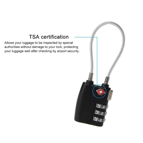 TSA Combination Wirerope Lock Vetoketjulle Matkalaukkuille - Mus Black