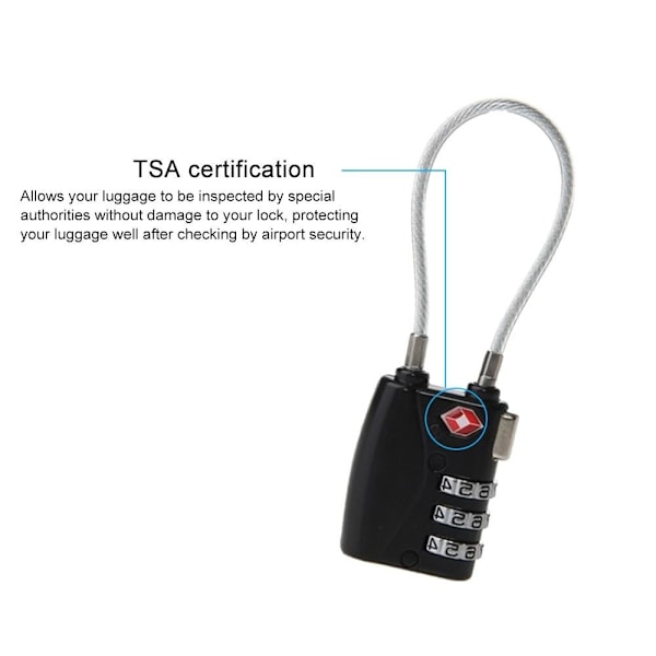 TSA Combination Wirerope Lock Vetoketjulle Matkalaukkuille - Musta Black