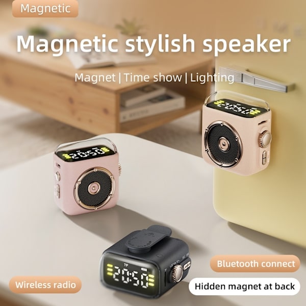 Magnetisk højttaler, natlys, ur, Bluetooth 5.3, lydenhed med bagklips Grey