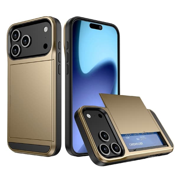 Telefondeksel med skyvbar kortholder til iPhone 18 Pro / 17 Pro Gold