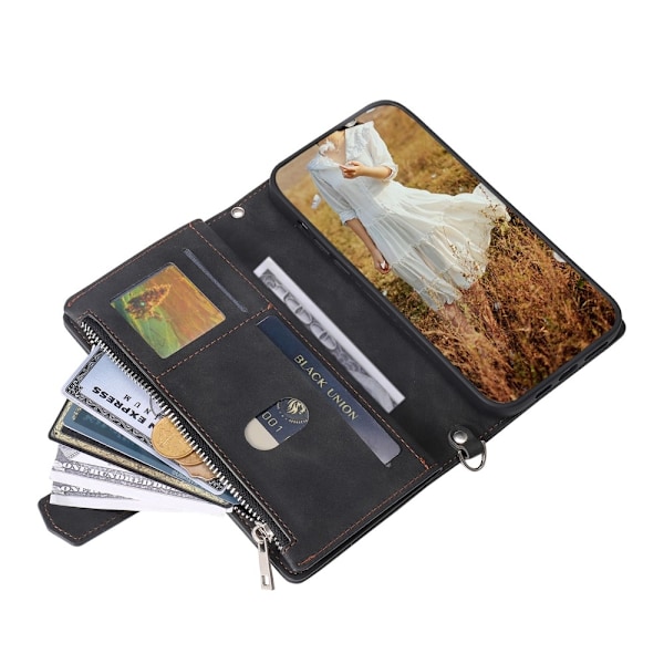 För Xiaomi Redmi 14C Zipper Wallet Case Rhombus Stitching Line Telefonfodral Svart