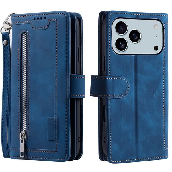 Til iPhone 17 Pro Max Etui med Lynlåslomme og 9 Kortlommer Blue