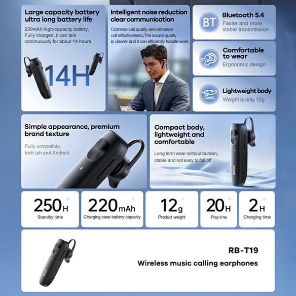 REMAX Bluetooth Headset-øretelefon med mikrofon Støjreduktion Ring til musik opkald Black
