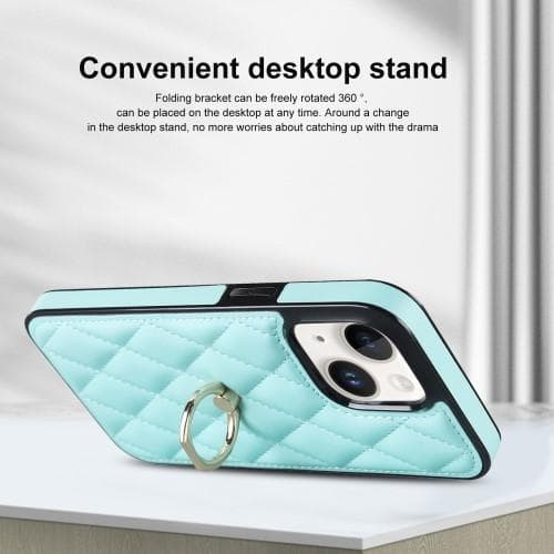 iPhone 14 Etui med Rutermønster på Bakdekselet, Ringstativ - Himmelblå Light blue