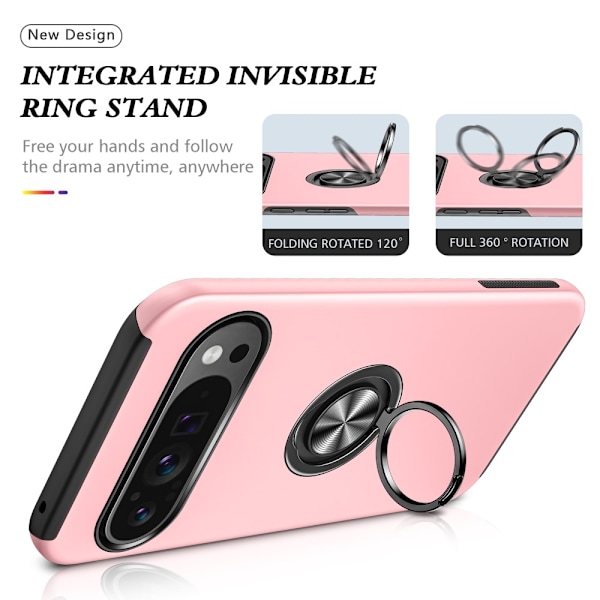 Hybrid-etui med fingerreim og kickstand for Google Pixel 9 / Pixel 9 Pro Pink