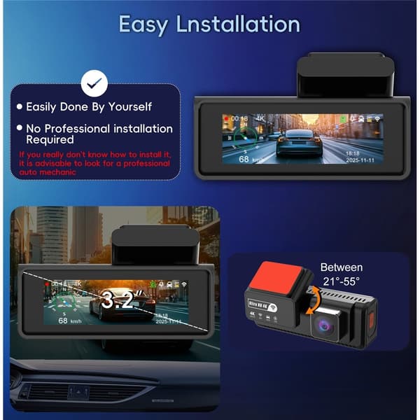 Dobbelt 4K Dash Cam-kamera HDR Nattsyn ADAS GPS Parkeringsovervåking DVR Black