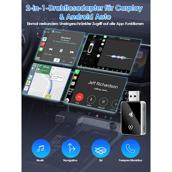 Langaton 2-in-1 -sovitin CarPlay/Android Autolle