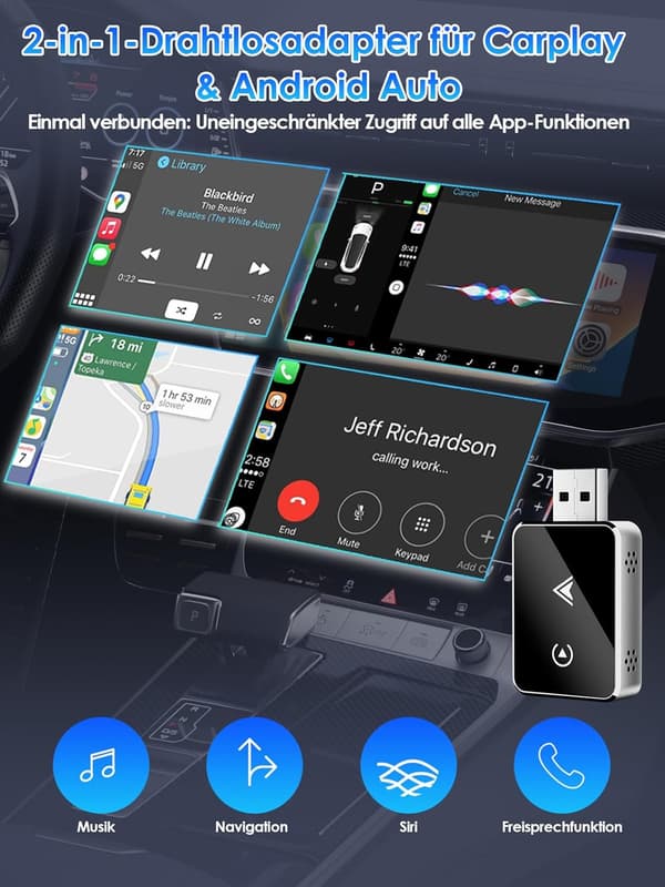 Trådlös 2-i-1-adapter för CarPlay/Android Auto